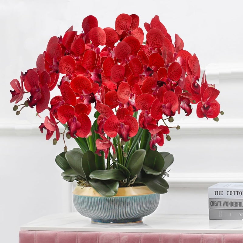 FagusHome 32 Inch Artificial Phalaenopsis Flowers 6 Pcs Artificial Orchid Flowers Stem Plants for Home Décor (Red Piebald) - Image 5