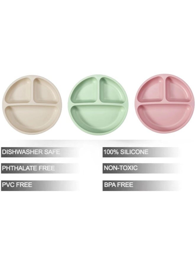 PandaEar 3 Pack Divided Unbreakable Silicone Baby and Toddler Plates - Non-Slip - Dishwasher and Microwave Safe - Silicone (Pink Green Light Tan) - Image 2