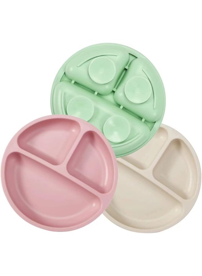 PandaEar 3 Pack Divided Unbreakable Silicone Baby and Toddler Plates - Non-Slip - Dishwasher and Microwave Safe - Silicone (Pink Green Light Tan) - Image 1