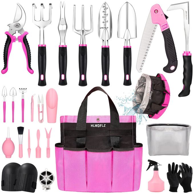 HLWDFLZ Pink Garden Tool Set Gardening Items for Women 24PCS Heavy Duty Garden Tools with Detachable Storage Bag Succulent Tool Set Weeder