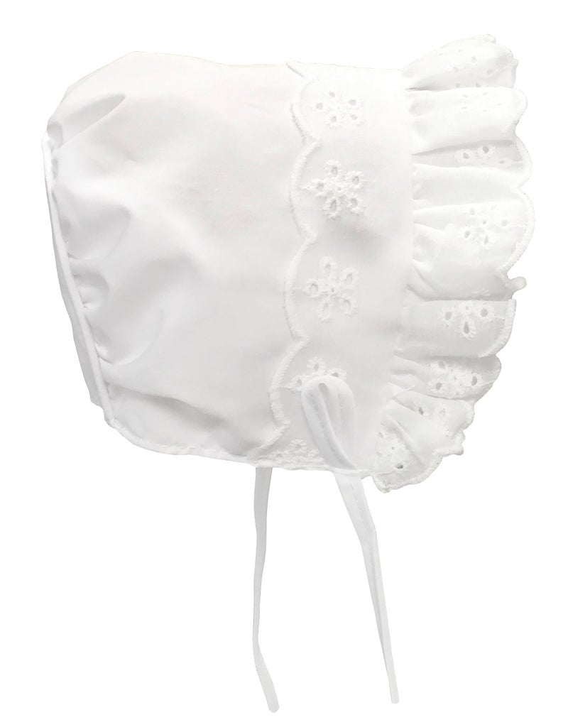 N'Ice Caps Baby Girls Bonnet White Lace Newborn Infant Toddler Sun Hat Special Occasion (White with Piping Crown, 6 Months) - Image 1