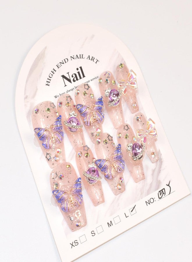 LIFOOST Nails Handmade Press-on Nails Medium Long Coffin Pink Purple Butterfly Planet Design False Tips 10Pcs Size L - Image 5