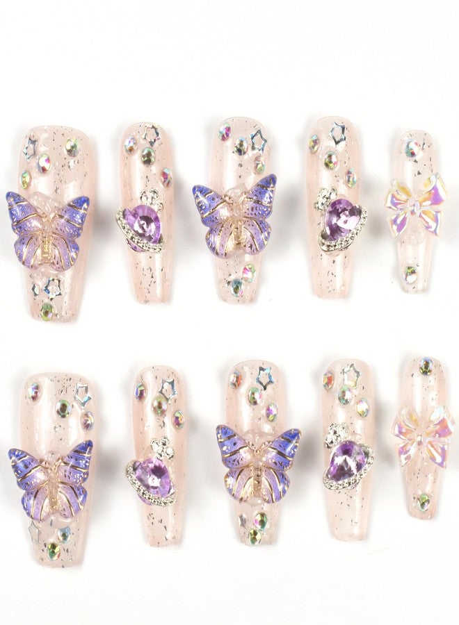 LIFOOST Nails Handmade Press-on Nails Medium Long Coffin Pink Purple Butterfly Planet Design False Tips 10Pcs Size L - Image 1