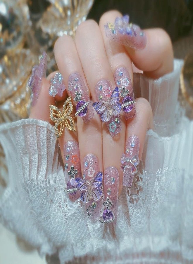 LIFOOST Nails Handmade Press-on Nails Medium Long Coffin Pink Purple Butterfly Planet Design False Tips 10Pcs Size L - Image 3