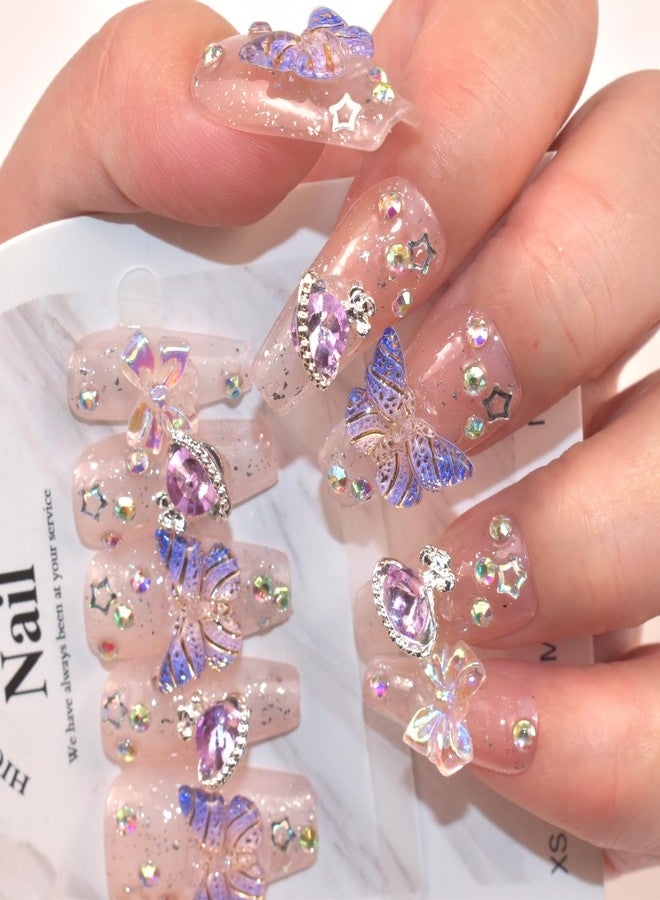 LIFOOST Nails Handmade Press-on Nails Medium Long Coffin Pink Purple Butterfly Planet Design False Tips 10Pcs Size L - Image 4