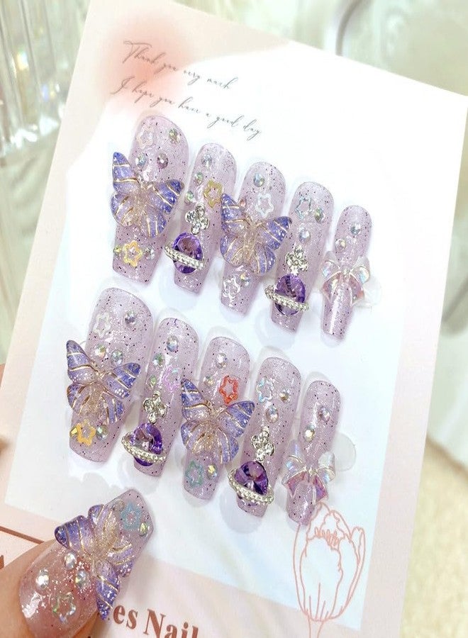 LIFOOST Nails Handmade Press-on Nails Medium Long Coffin Pink Purple Butterfly Planet Design False Tips 10Pcs Size L - Image 2