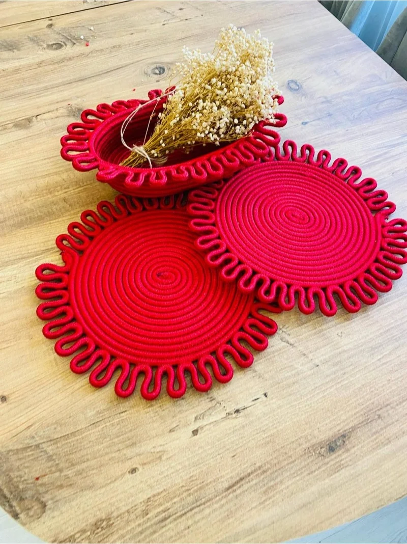 BDZ Deri BDZ Leather Wicker Jute Presentation Plate Mat American Service and Basket 3 Pieces