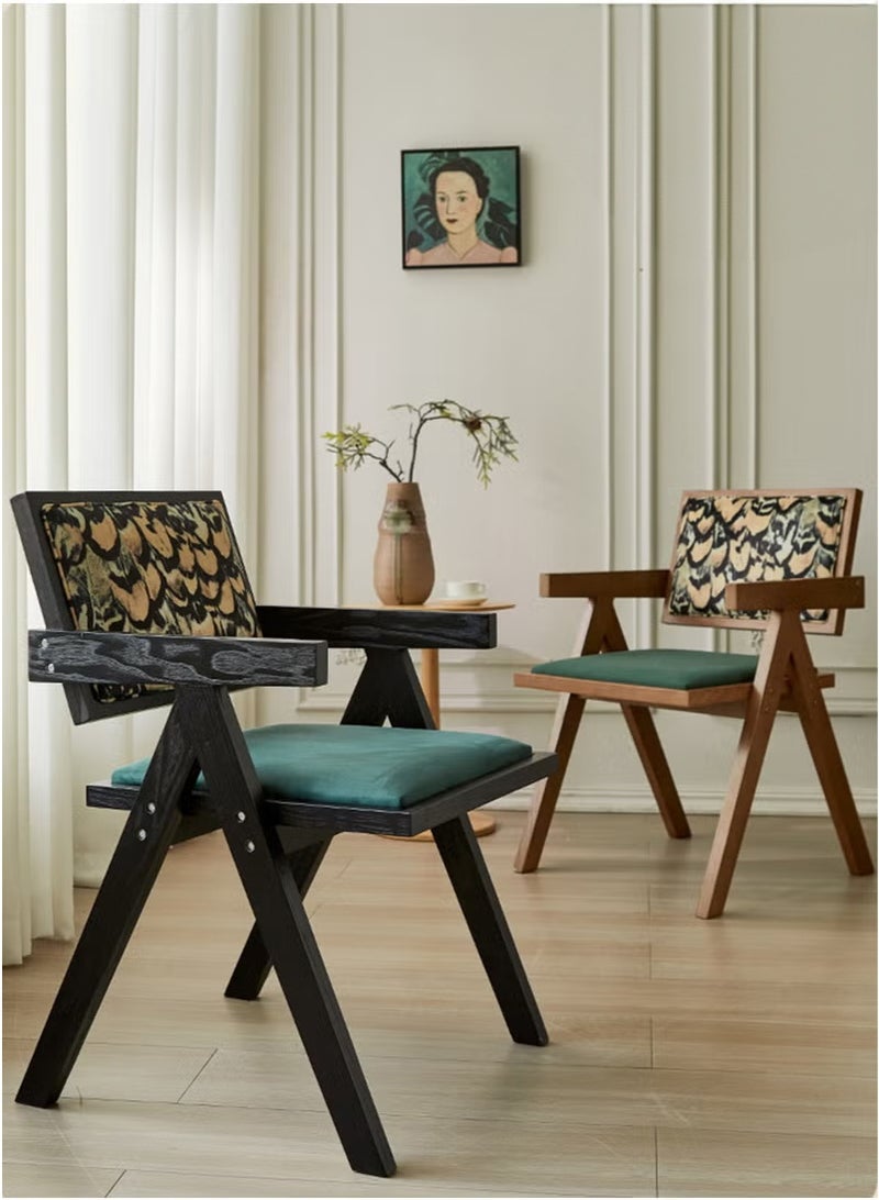 شو وو كرسي عتيق من منتصف القرن مع مقعد ناعم من المخمل الأخضر وظهر بنقشة الريش لغرفة الطعام أو غرفة المعيشة أو المكتب المنزلي أو المقهى، لون بني غامق وإطار من الخشب الصلب 51×44×78 سم - Image 3