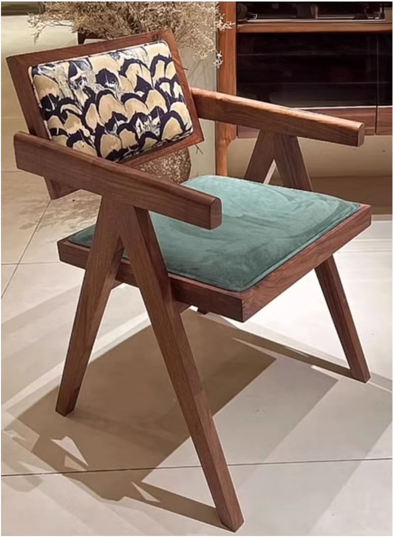 شو وو كرسي عتيق من منتصف القرن مع مقعد ناعم من المخمل الأخضر وظهر بنقشة الريش لغرفة الطعام أو غرفة المعيشة أو المكتب المنزلي أو المقهى، لون بني غامق وإطار من الخشب الصلب 51×44×78 سم - Image 4