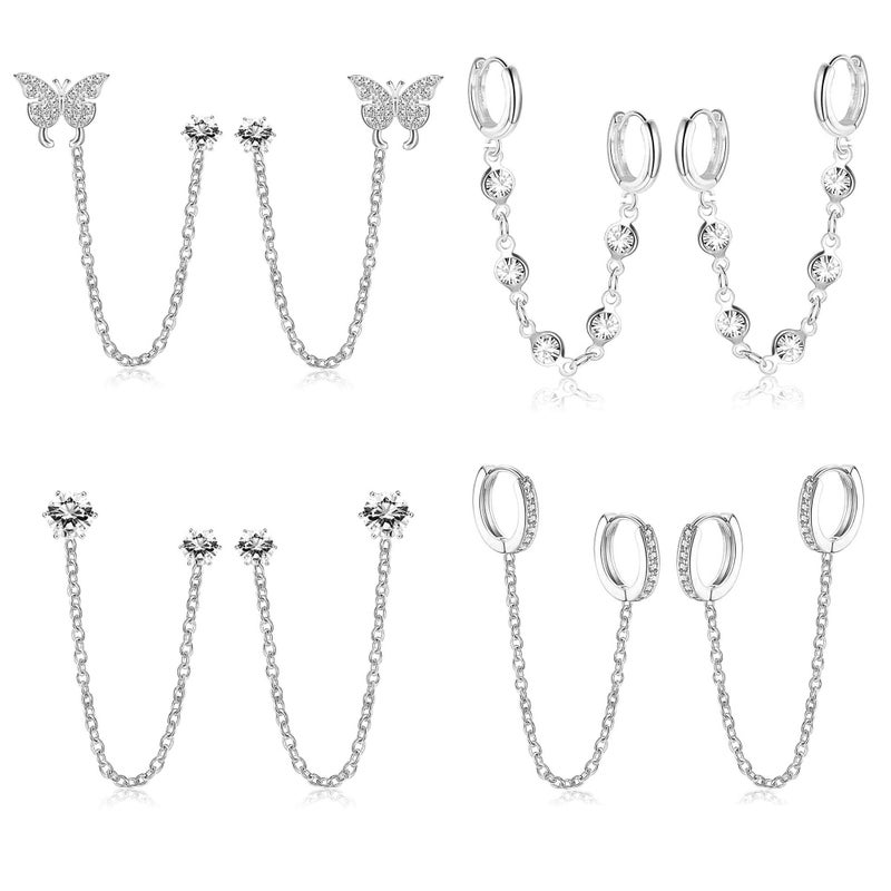 THUNARAZ 4 Pairs Trendy Chain Earrings for Women 14K Gold Plated Double Piercing Butterfly Dangle Hoop Earrings Sparkled CZ Chain Hoop Cartilage Studs Earrings Set - Image 1