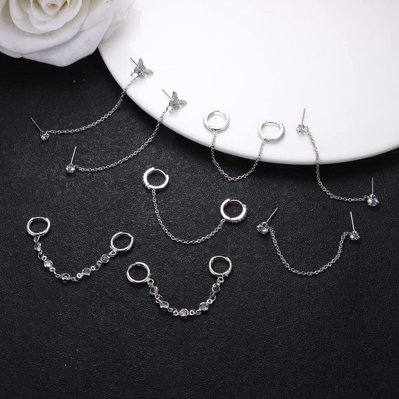 THUNARAZ 4 Pairs Trendy Chain Earrings for Women 14K Gold Plated Double Piercing Butterfly Dangle Hoop Earrings Sparkled CZ Chain Hoop Cartilage Studs Earrings Set - Image 5