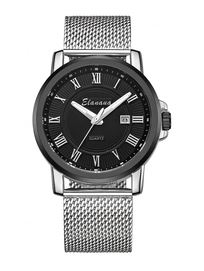 Elanova Men’s Wristwatch – Black Dial with Roman Numerals, Water-Resistant, Silver Stainless Steel Mesh Strap, with Date Display - Image 1