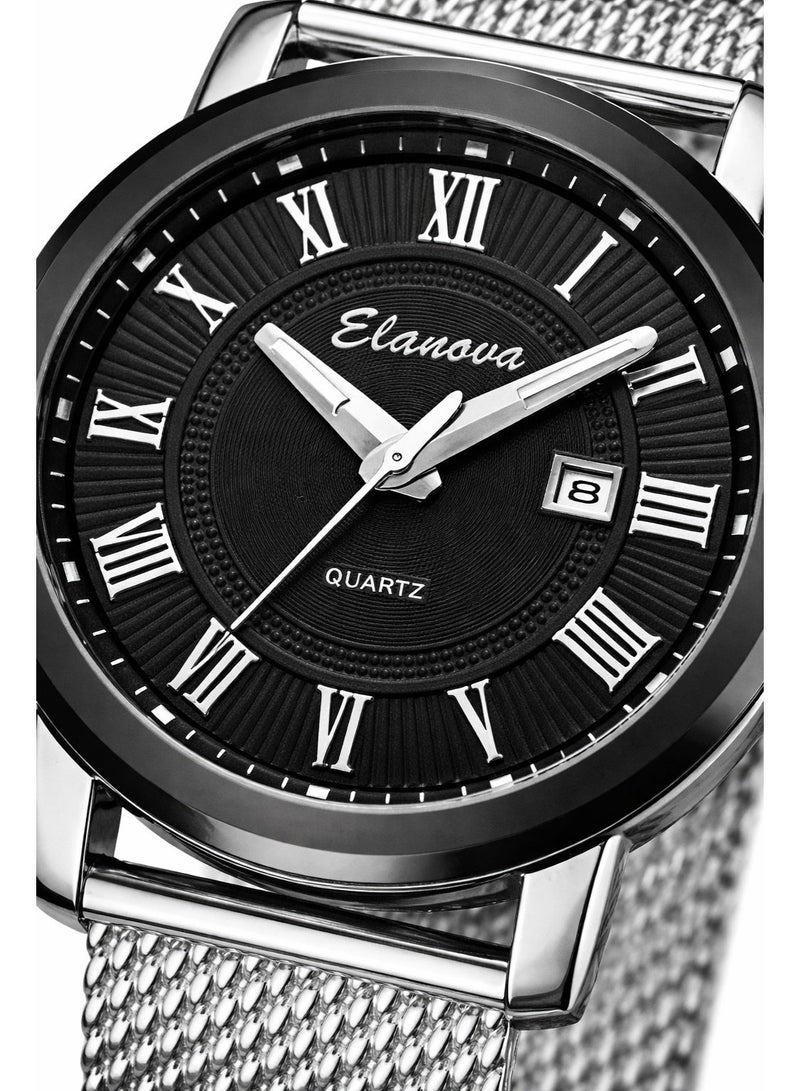 Elanova Men’s Wristwatch – Black Dial with Roman Numerals, Water-Resistant, Silver Stainless Steel Mesh Strap, with Date Display - Image 2