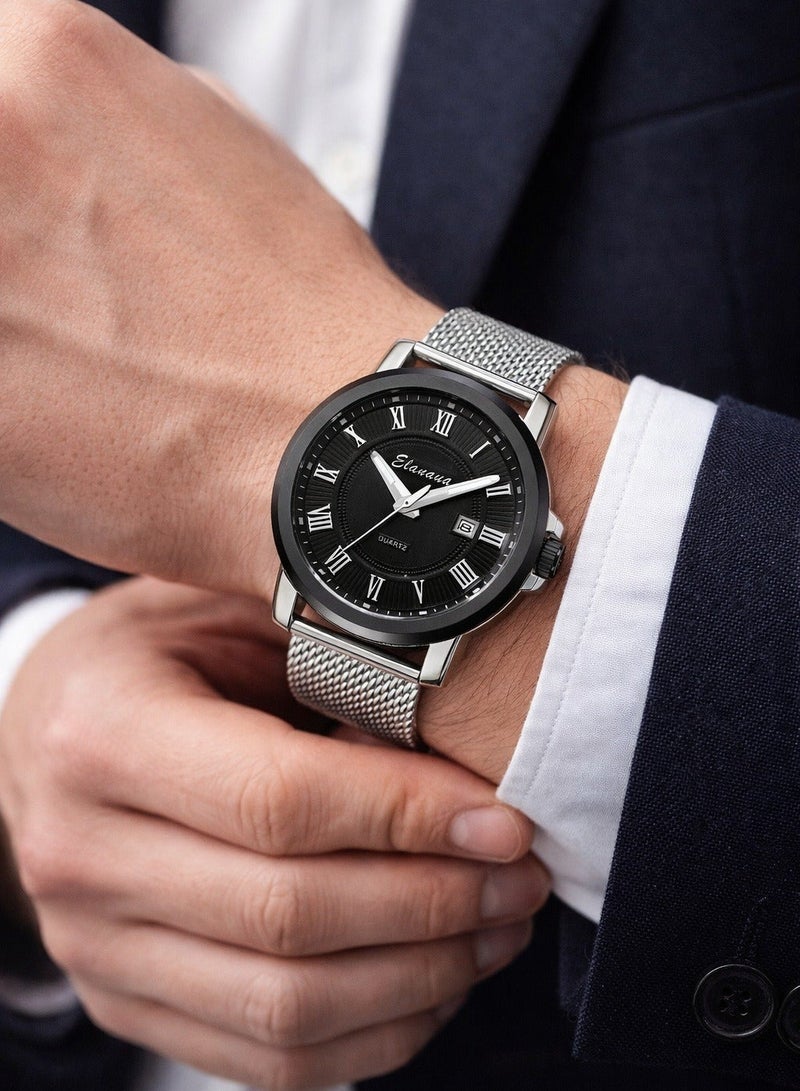 Elanova Men’s Wristwatch – Black Dial with Roman Numerals, Water-Resistant, Silver Stainless Steel Mesh Strap, with Date Display - Image 3