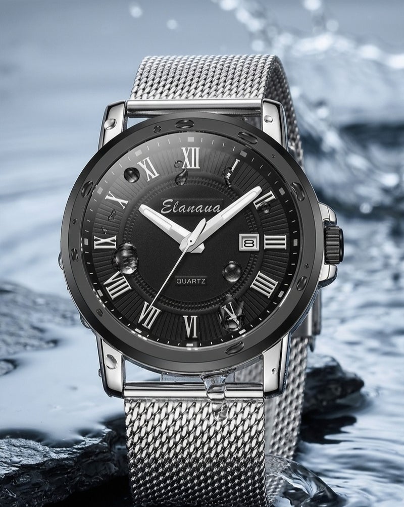 Elanova Men’s Wristwatch – Black Dial with Roman Numerals, Water-Resistant, Silver Stainless Steel Mesh Strap, with Date Display - Image 4