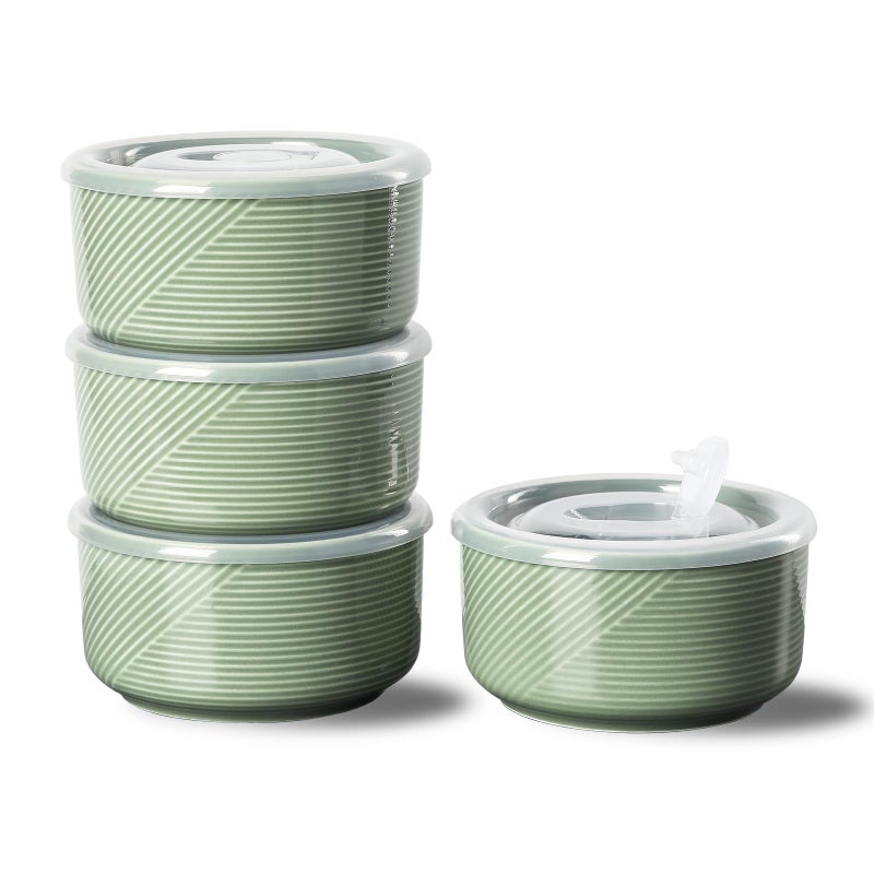 Adewnest Ceramic Bowls with Lids: 20 oz Microwave Safe Food Storage Containers for Soup  Salad  Cereal  Leftovers  Meal Prep  Lunch  Picnic  Camping  Serving - Airtight  Green  Set of 4 - Image 1