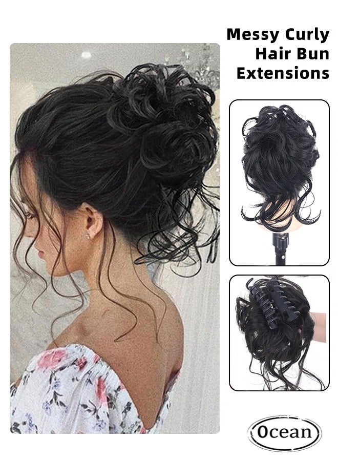 JS Messy Curly Hair Bun Extensions, Wavy Synthetic Chignon with High Elastic Claw, Hair Accessories Donut Roller Bun Wig for Women Updo Scrunchies, Blcak - Image 1