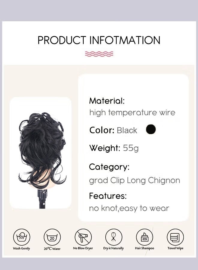JS Messy Curly Hair Bun Extensions, Wavy Synthetic Chignon with High Elastic Claw, Hair Accessories Donut Roller Bun Wig for Women Updo Scrunchies, Blcak - Image 3