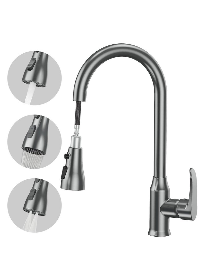 Bukela Kitchen Faucet, Single Handle High Arc Gooseneck Modern Stainless Steel Kitchen Faucet With Pull-down Sprayer Brushed Nickel, Three-function Sprayer, Anti-fingerprint, Deck Plate Not Included - Image 1