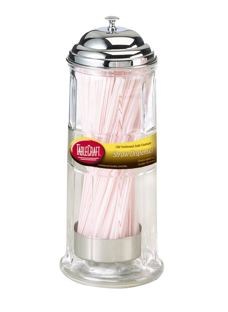 Tablecraft TableCraft H714CH Straw Dispenser, 4-3/8" x 4-3/8" x 11-1/8", glass, chrome plated top, includes 72 straws per dispenser 
