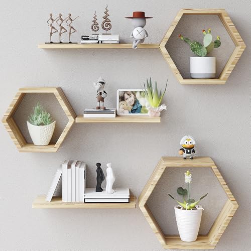 LUDORU Wooden Hexagon Floating Shelves Wall Mounted - Set of 6 Pine Wood Hexagon Shelves Display for Photos,Plants,Rustic Honeycomb Shelves for Living Room, Bedroom,Bathroom,Office Decor, lightly color - Image 1