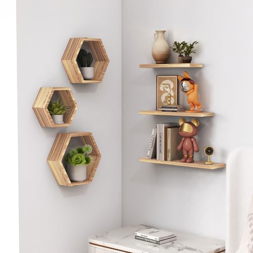 LUDORU Wooden Hexagon Floating Shelves Wall Mounted - Set of 6 Pine Wood Hexagon Shelves Display for Photos,Plants,Rustic Honeycomb Shelves for Living Room, Bedroom,Bathroom,Office Decor, lightly color - Image 5