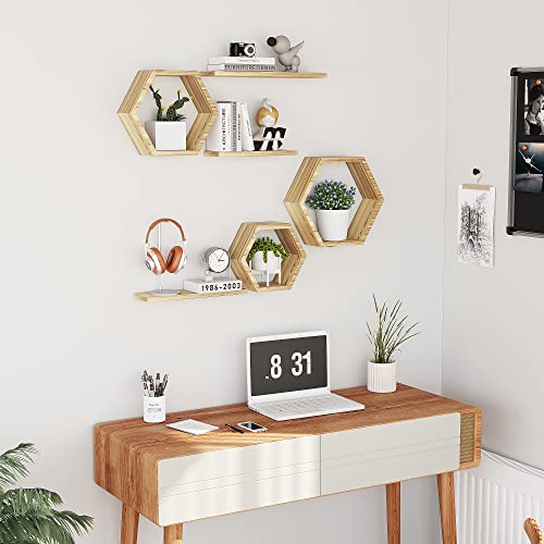 LUDORU Wooden Hexagon Floating Shelves Wall Mounted - Set of 6 Pine Wood Hexagon Shelves Display for Photos,Plants,Rustic Honeycomb Shelves for Living Room, Bedroom,Bathroom,Office Decor, lightly color - Image 4