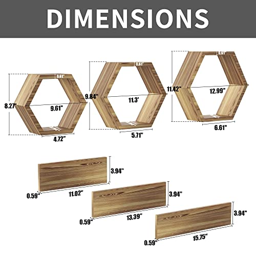 LUDORU Wooden Hexagon Floating Shelves Wall Mounted - Set of 6 Pine Wood Hexagon Shelves Display for Photos,Plants,Rustic Honeycomb Shelves for Living Room, Bedroom,Bathroom,Office Decor, lightly color - Image 2