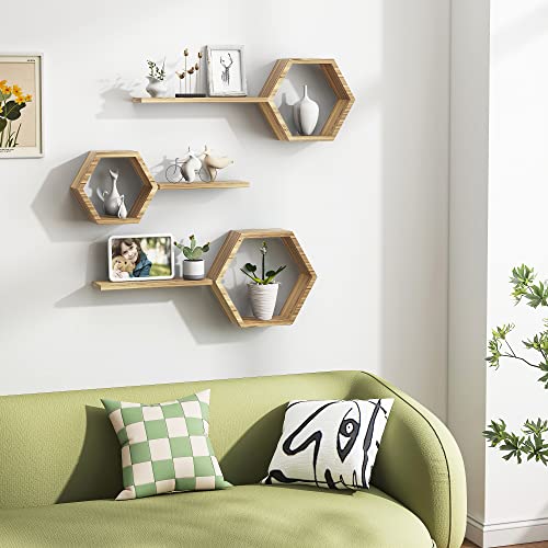 LUDORU Wooden Hexagon Floating Shelves Wall Mounted - Set of 6 Pine Wood Hexagon Shelves Display for Photos,Plants,Rustic Honeycomb Shelves for Living Room, Bedroom,Bathroom,Office Decor, lightly color - Image 3