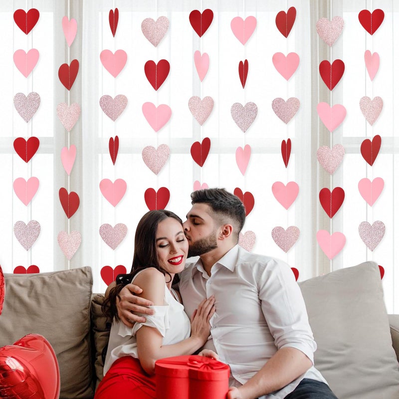 PatiCool Paper Heart Garland - Larger Heart 2.8 Inch 52 FT 4 Strands - Red Pink Rose Gold Hanging Streamers for Valentines Day, Galentines Day, Anniversary, Bachelorette, Bridal Shower, Engagement Decorations - Image 4