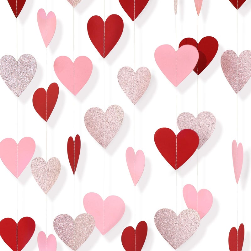 PatiCool Paper Heart Garland - Larger Heart 2.8 Inch 52 FT 4 Strands - Red Pink Rose Gold Hanging Streamers for Valentines Day, Galentines Day, Anniversary, Bachelorette, Bridal Shower, Engagement Decorations - Image 1