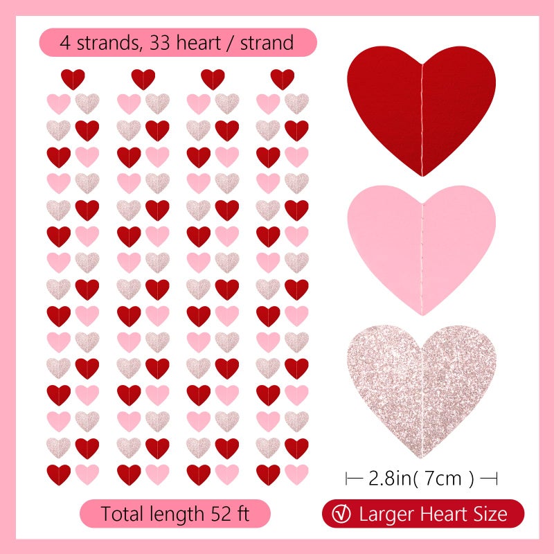PatiCool Paper Heart Garland - Larger Heart 2.8 Inch 52 FT 4 Strands - Red Pink Rose Gold Hanging Streamers for Valentines Day, Galentines Day, Anniversary, Bachelorette, Bridal Shower, Engagement Decorations - Image 2