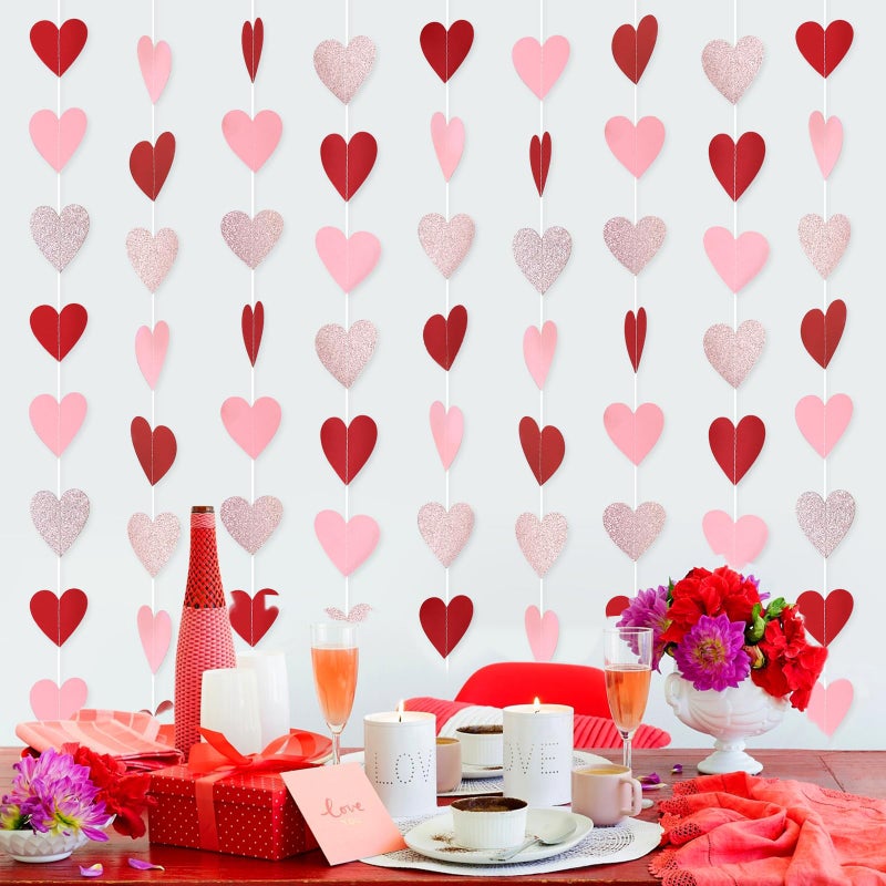 PatiCool Paper Heart Garland - Larger Heart 2.8 Inch 52 FT 4 Strands - Red Pink Rose Gold Hanging Streamers for Valentines Day, Galentines Day, Anniversary, Bachelorette, Bridal Shower, Engagement Decorations - Image 5