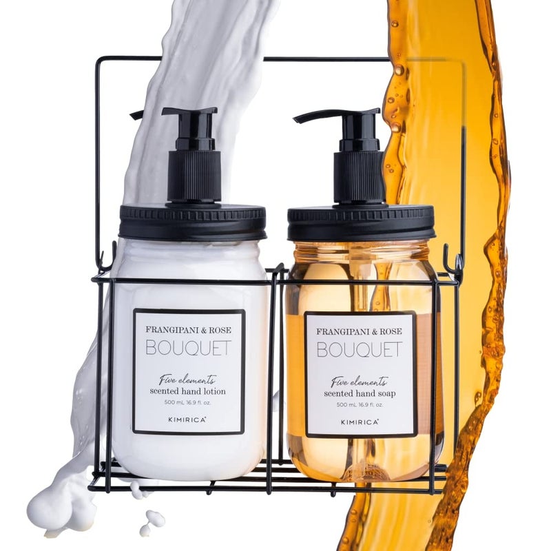 Kimirica Bouquet Hand Wash Hand Lotion Duo set with Metal Caddy Goodness of Frangipani and Rose 100 Vegan Paraben Free Gifts for Women Men Long Lasting fragrance Luxury Gift Hamper with Premium Packaging - Image 1