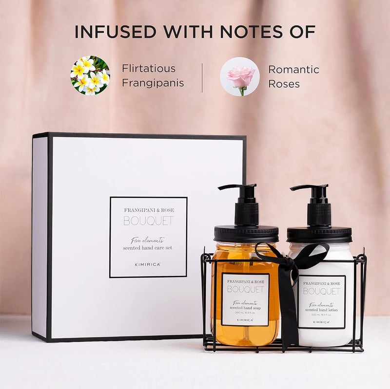 Kimirica Bouquet Hand Wash Hand Lotion Duo set with Metal Caddy Goodness of Frangipani and Rose 100 Vegan Paraben Free Gifts for Women Men Long Lasting fragrance Luxury Gift Hamper with Premium Packaging - Image 3