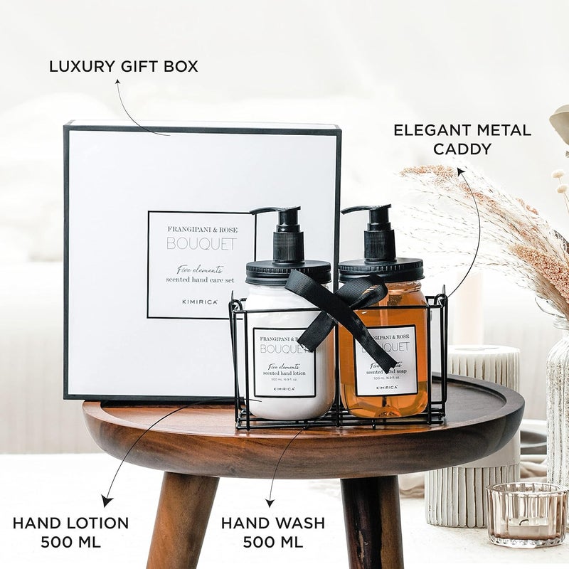 Kimirica Bouquet Hand Wash Hand Lotion Duo set with Metal Caddy Goodness of Frangipani and Rose 100 Vegan Paraben Free Gifts for Women Men Long Lasting fragrance Luxury Gift Hamper with Premium Packaging - Image 4
