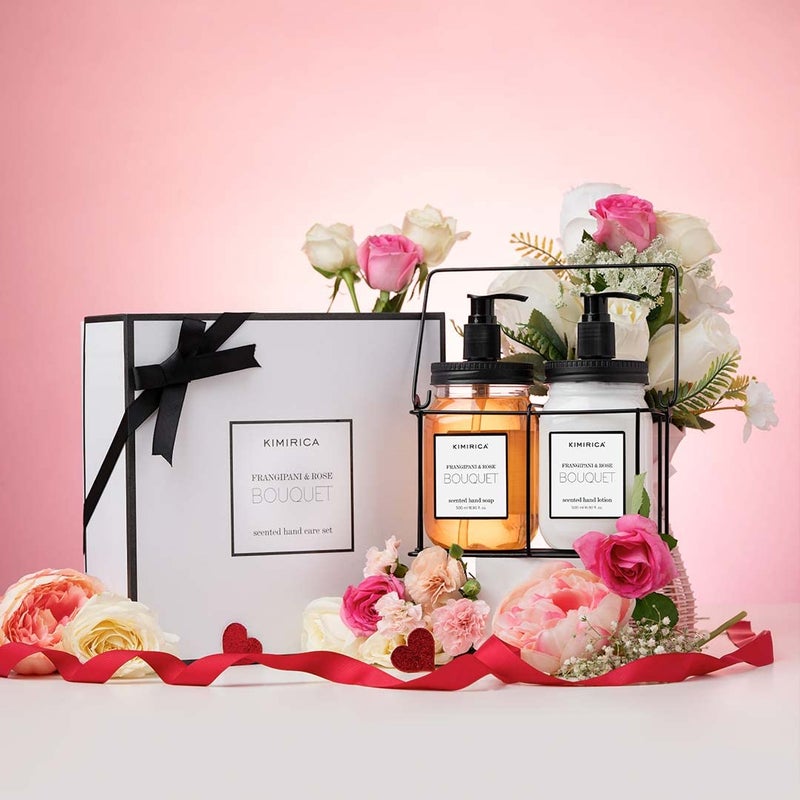 Kimirica Bouquet Hand Wash Hand Lotion Duo set with Metal Caddy Goodness of Frangipani and Rose 100 Vegan Paraben Free Gifts for Women Men Long Lasting fragrance Luxury Gift Hamper with Premium Packaging - Image 2