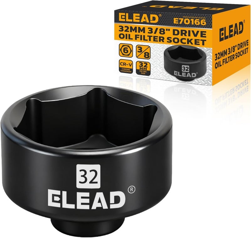 ELEAD 32 mm Oil Filter Socket Wrench, 3/8'' Drive 6-Point Oil-Filter Removal Tool, Metric Oil Filter Wrenches, Low Profile Design for Easy Removal, Chrome Vanadium Steel Oil-Change Tool - Image 1