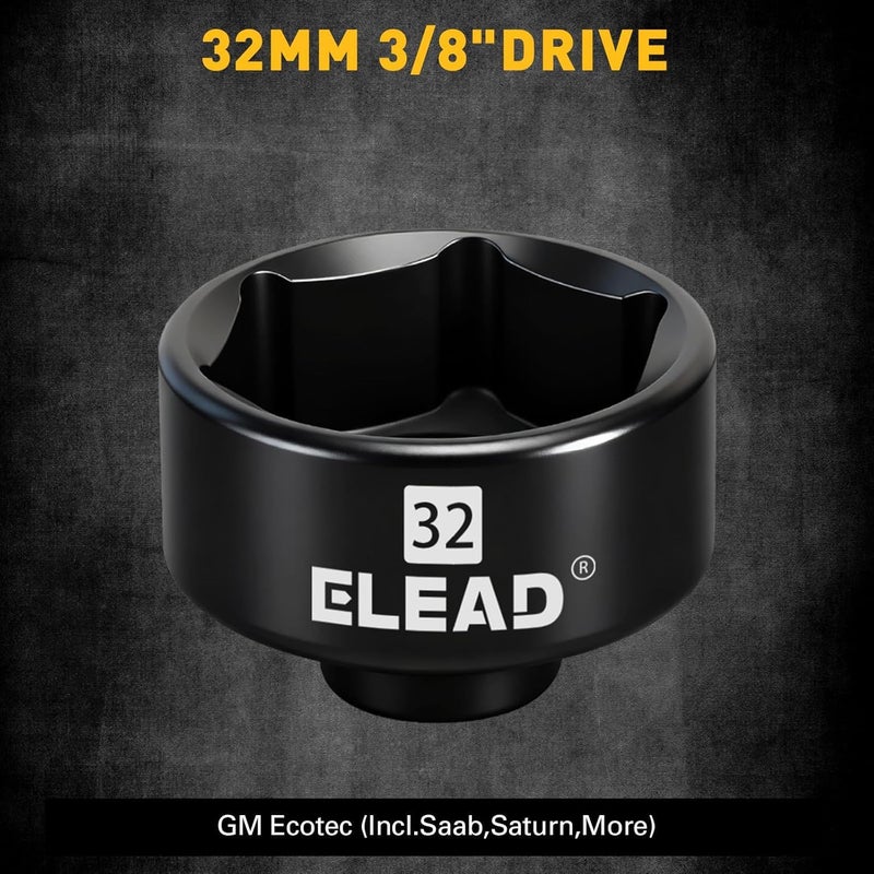 ELEAD 32 mm Oil Filter Socket Wrench, 3/8'' Drive 6-Point Oil-Filter Removal Tool, Metric Oil Filter Wrenches, Low Profile Design for Easy Removal, Chrome Vanadium Steel Oil-Change Tool - Image 3
