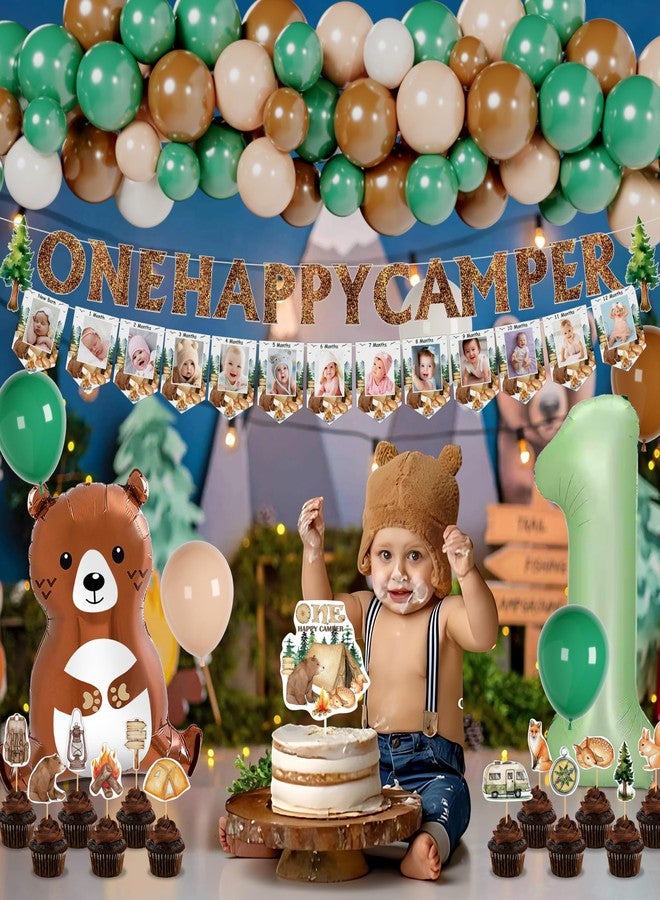 THAWAY One Happy Camper Birthday Decorations 187Pcs Camping 1st Birthday Party Supplies Green Brown Balloon Garland Arch Kit with Camper Banner Backdrop Monthly Photo Cake Toppers and Tableware for 16 Guests - Image 5