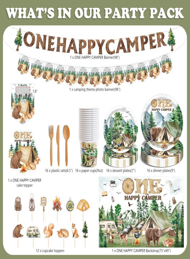 THAWAY One Happy Camper Birthday Decorations 187Pcs Camping 1st Birthday Party Supplies Green Brown Balloon Garland Arch Kit with Camper Banner Backdrop Monthly Photo Cake Toppers and Tableware for 16 Guests - Image 2