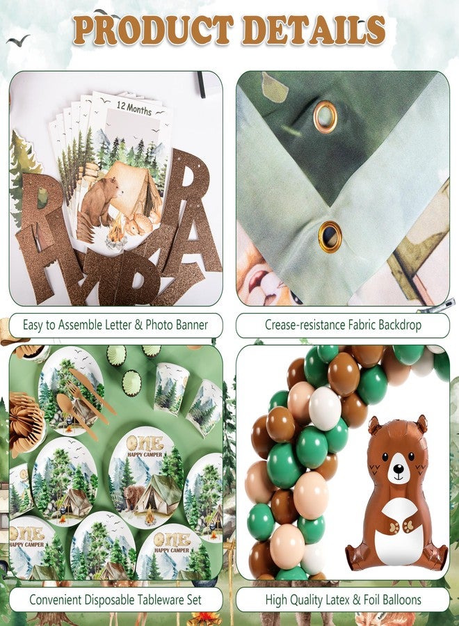 THAWAY One Happy Camper Birthday Decorations 187Pcs Camping 1st Birthday Party Supplies Green Brown Balloon Garland Arch Kit with Camper Banner Backdrop Monthly Photo Cake Toppers and Tableware for 16 Guests - Image 4