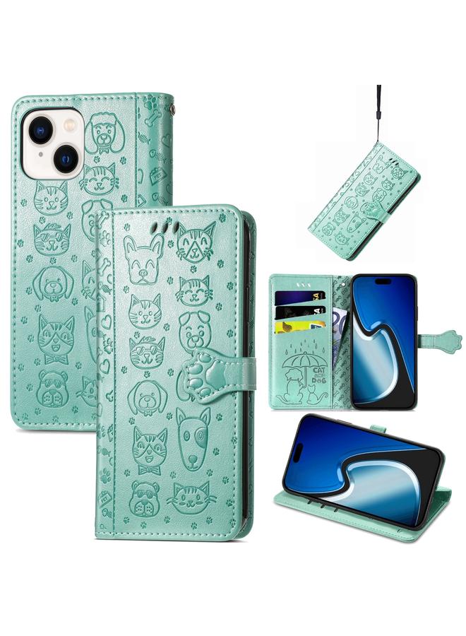 اس-توب جراب هاتف iPhone 15 من الجلد المنقوش بنقشة قطة وكلب - Image 1