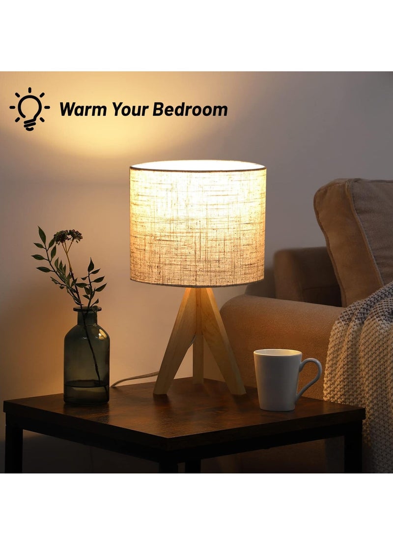 DUNISO Wood Bedside Table Lamp, Tripod Desk Lamp With Beige Linen Lampshade And On-Off Switch, Desk Lamps For Bedroom, Living Room, Study, Office - Image 3
