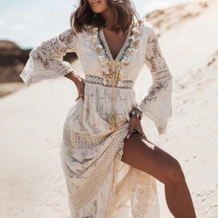 2024 Summer New Arrival Lace Spliced Fringed Bell Sleeves High Waist Hoop Skirt Q336 European And American Cross-Border Style Apricot - Image 1