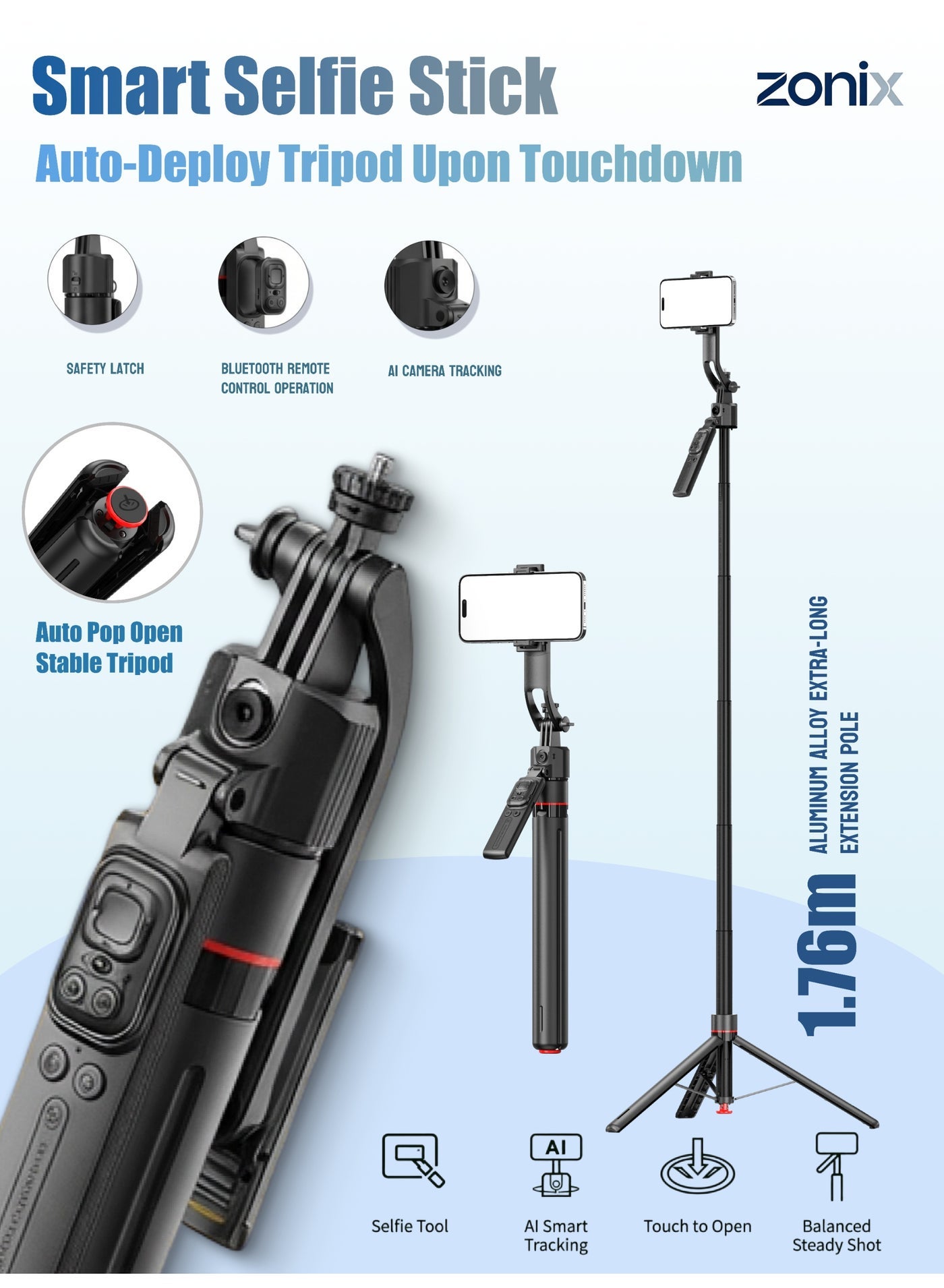 ZONIX Selfie Stick Tripod with AI Tracking & Auto-Pop Open, 1.76m Extendable, Gesture Control, 360° Rotation, Bluetooth Remote, Detachable Design for Phone/Camera, Perfect for Travel Vlog