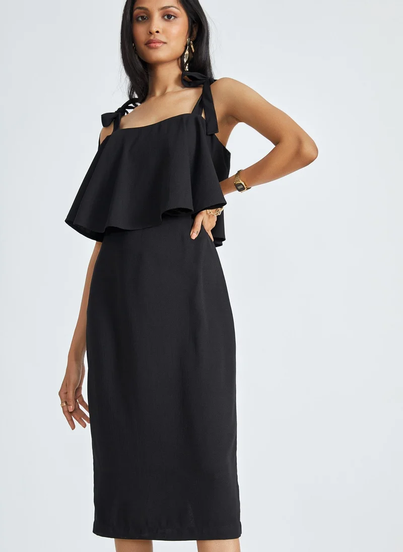 The Label Life The Label Life Women's Ruffle Overlay Midi Dress with Tie-Up Straps - Black