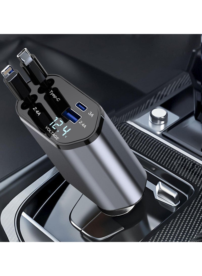 4 في 1 شاحن سيارة سريع مع كابل قابل للتوسيع 80.01 سم، USB & Type-C المنافذ -التوافق مع الهاتف 16/15/14/13/12/11، أكثر -قابل للتعديل 180 درجة القابس، تصميم خال من الممايل، مثالي لتركيب لوحة أجهزة القياس، الشحن السريع لشاحن السيارة - Image 1