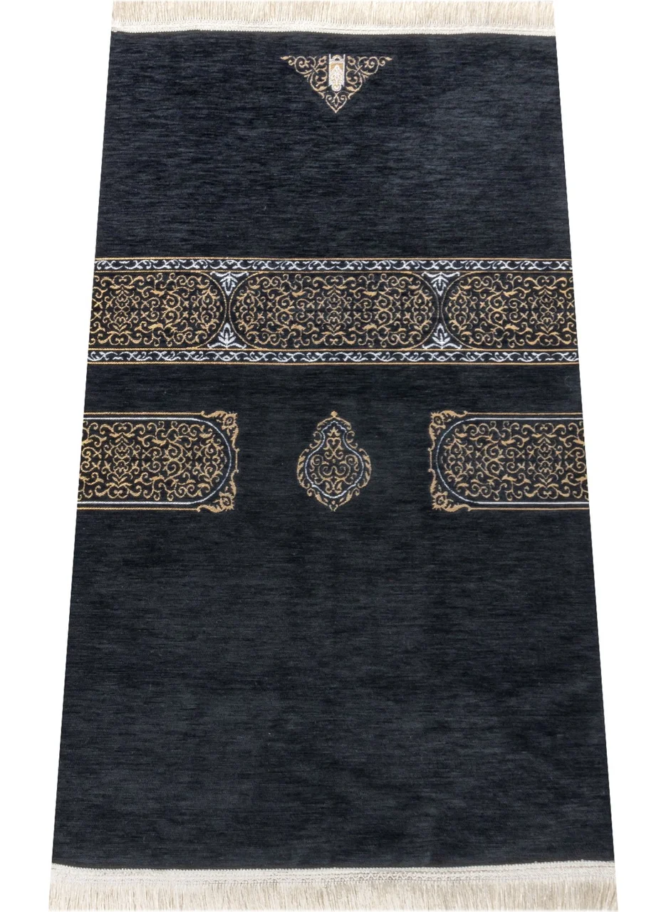 İhvan Online Kaaba Cover Patterned Chenille Prayer Rug - Black Color