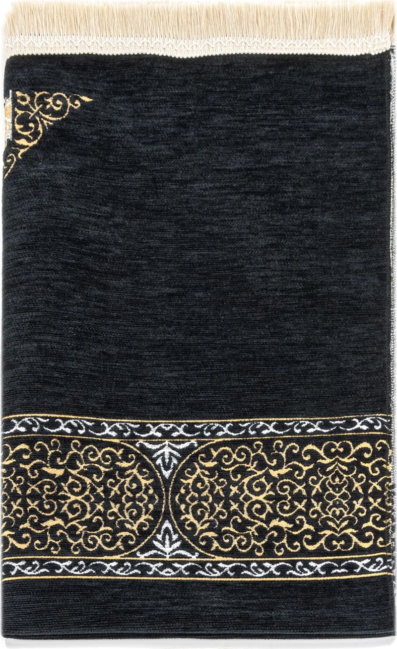 İhvan Online Kaaba Cover Patterned Chenille Prayer Rug - Black Color